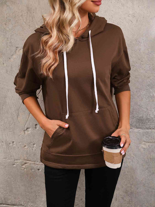 Drawstring Slit Hoodie with Pocket