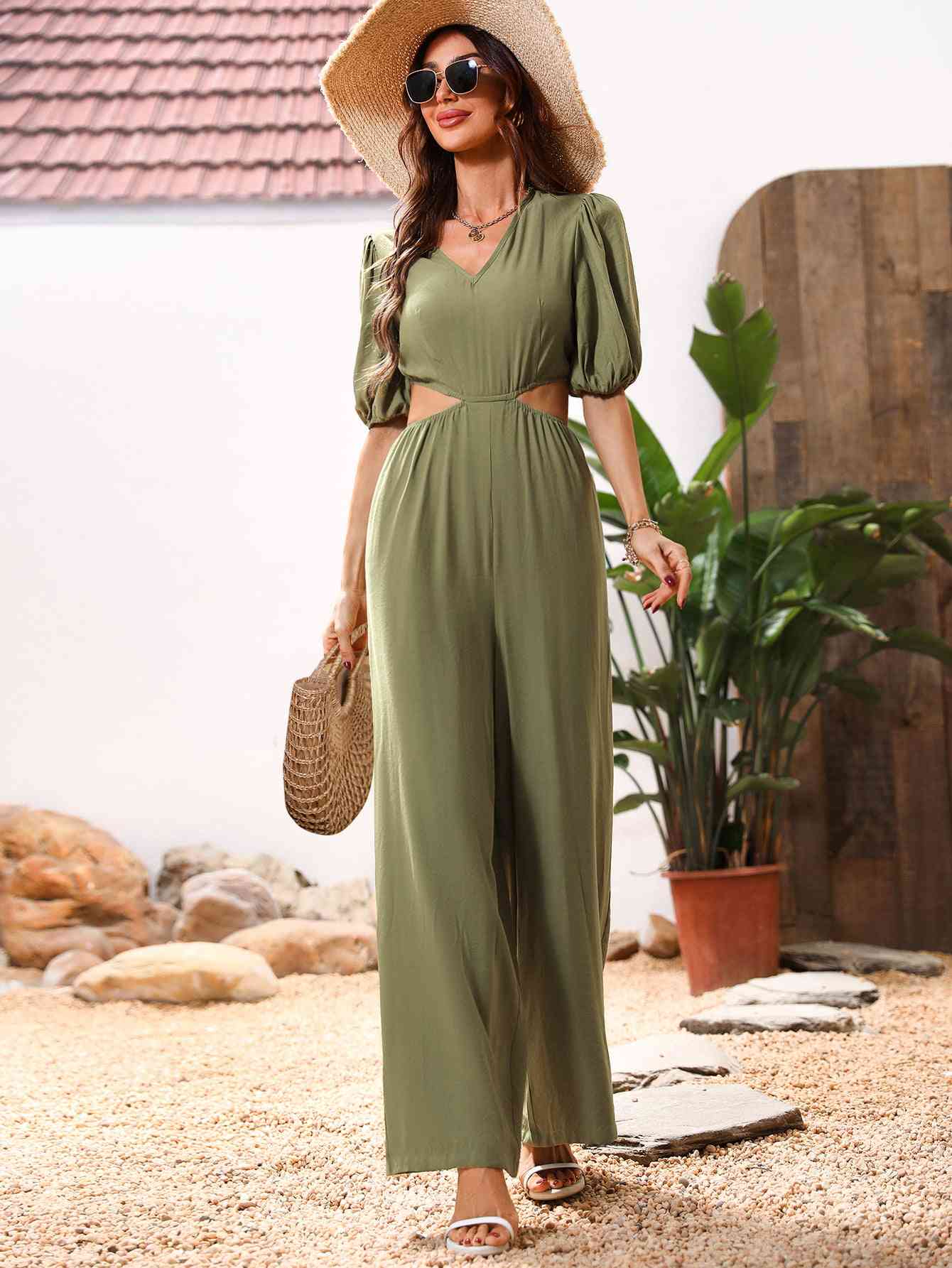 Cutout V-Neck Balloon Sleeve Jumpsuit