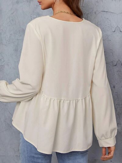 V-Neck Peplum Long Sleeve Shirt