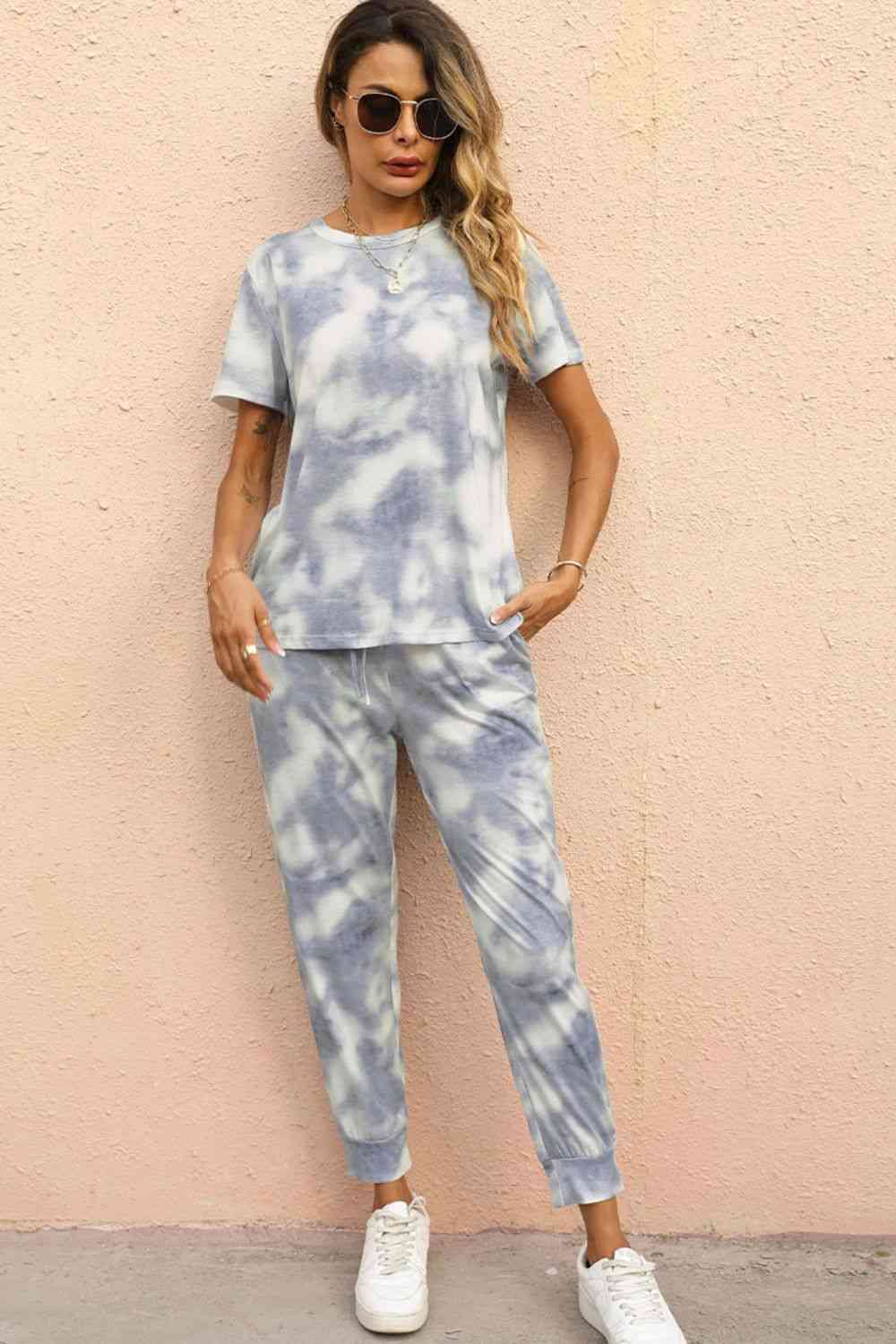 Tie-Dye Round Neck Short Sleeve Top and Pants Set