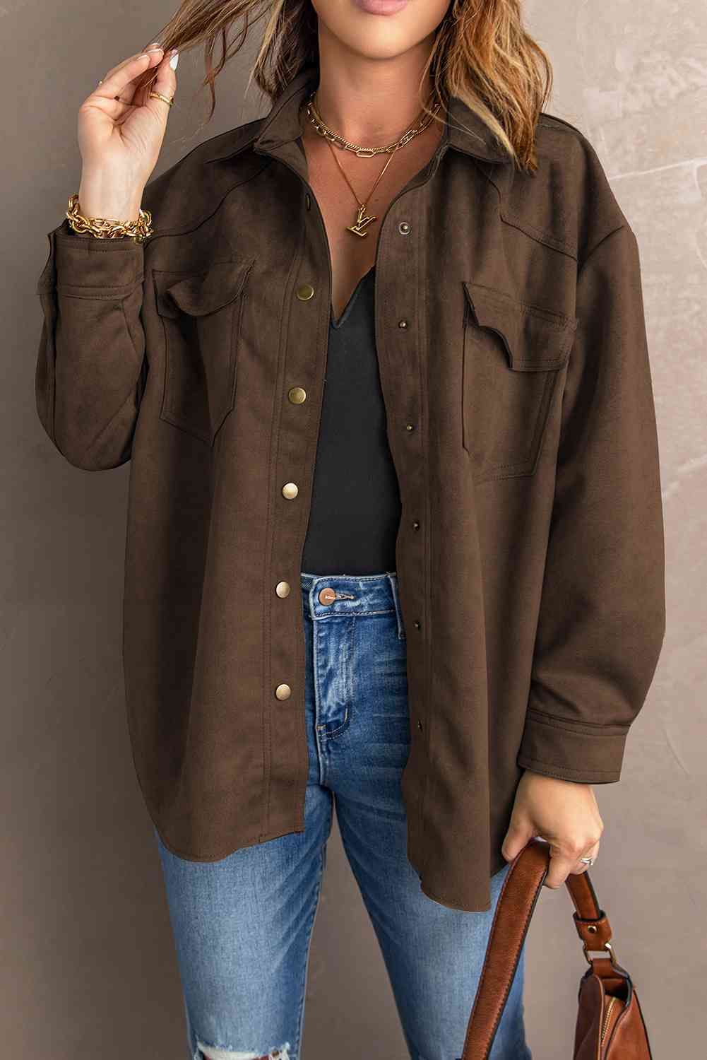 Double Take Suede Snap Front Dropped Shoulder Jacket