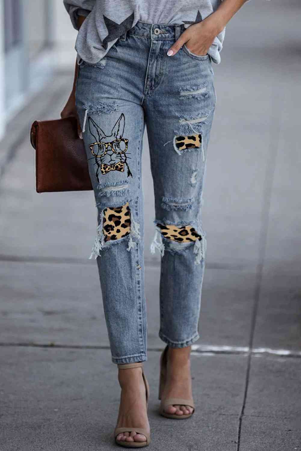 Baeful Easter Leopard Patch Bunny Graphic Jeans