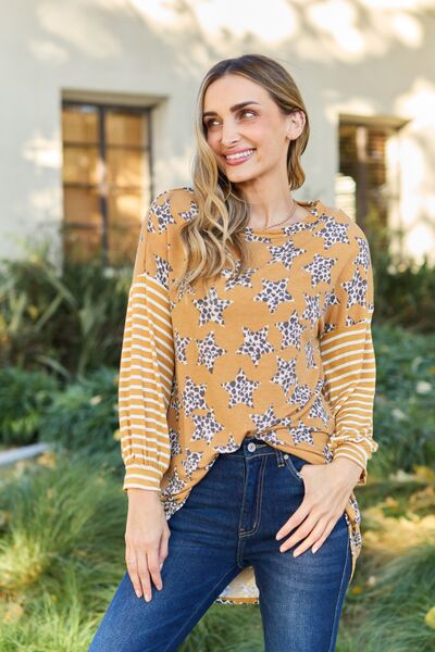 Celeste Design Full Size Leopard Star Striped Long Sleeve Top