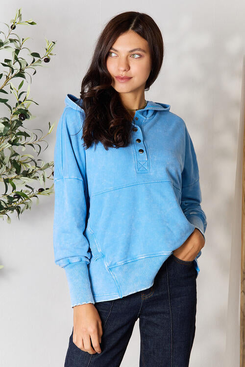 Zenana Half Snap Long Sleeve Hoodie with Pockets