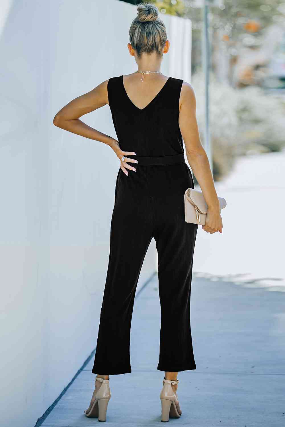 V-Neck Tie Waist Sleeveless Jumpsuit