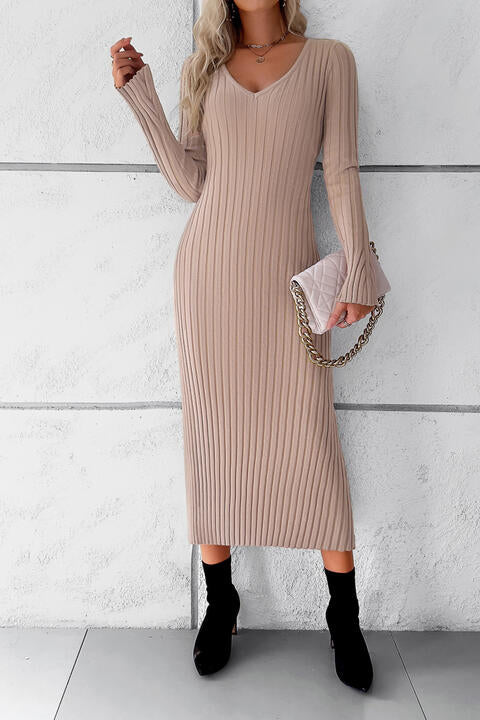 V-Neck Long Sleeve Ribbed Sweater Dress