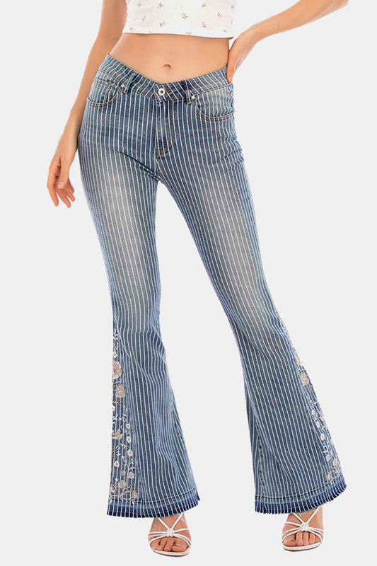 Full Size Flower Embroidery Wide Leg Jeans