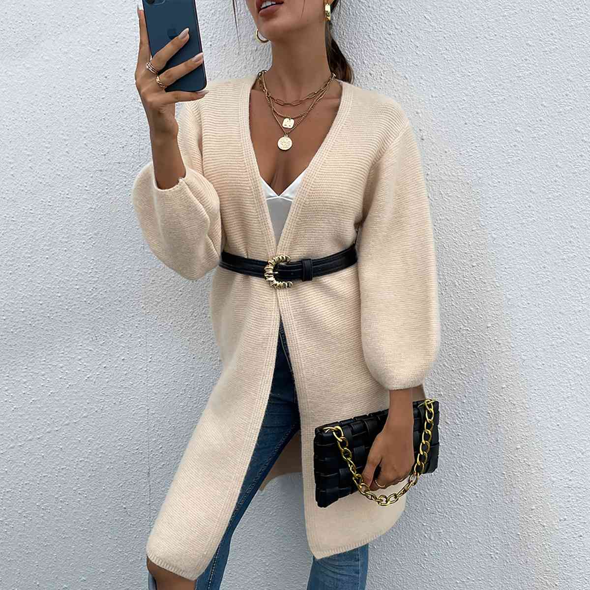 Open Front Slit Long Sleeve Cardigan