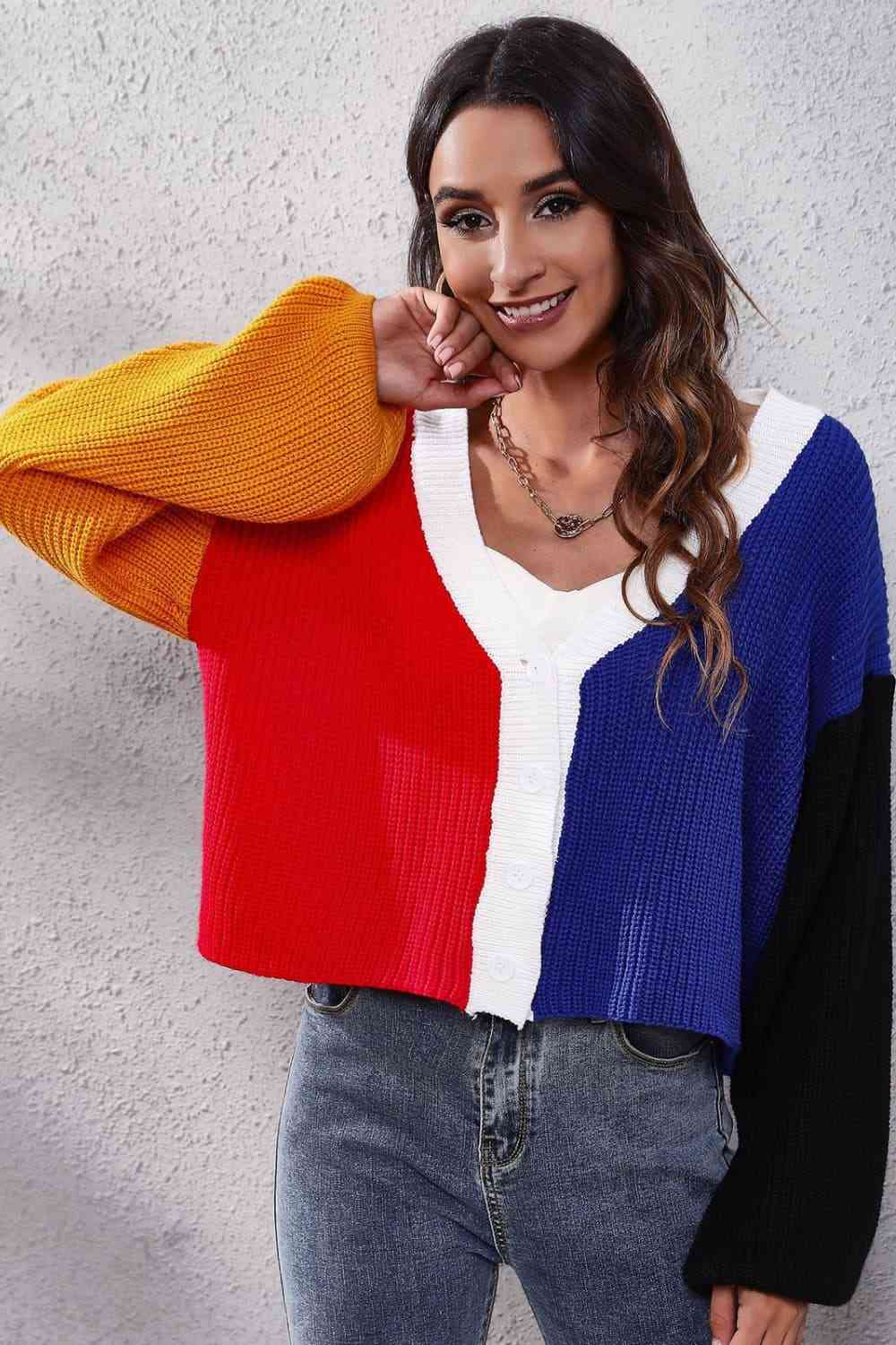 Color Block Ribbed Long Sleeve Cardigan