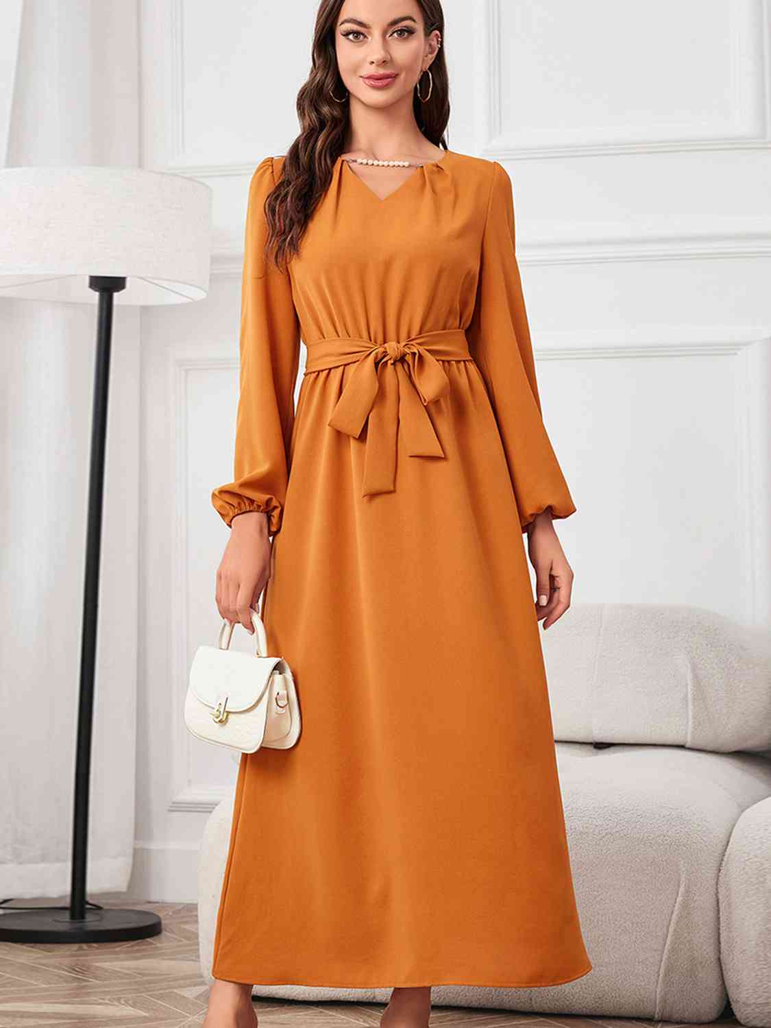 Tie Waist Puff Sleeve Maxi Dress