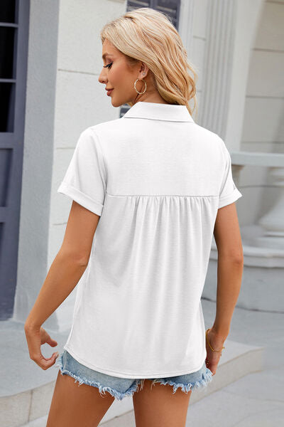 Ruched Johnny Collar Short Sleeve Blouse