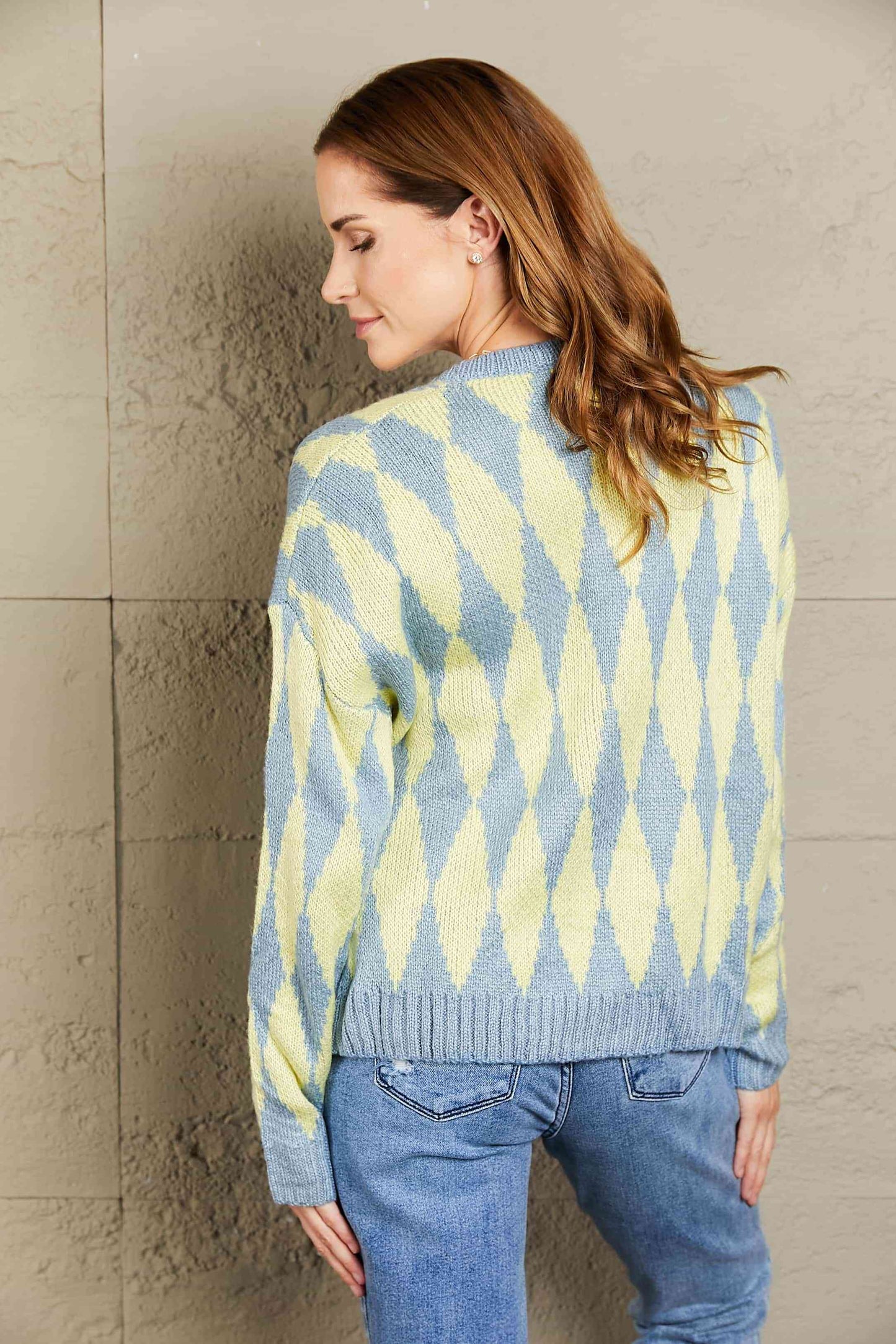 Woven Right Argyle Button Front Drop Shoulder Cardigan