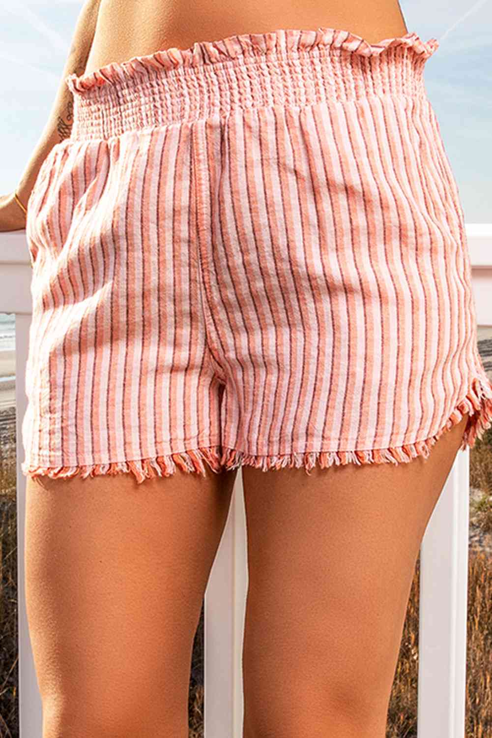 Striped Frayed Hem Paperbag Shorts