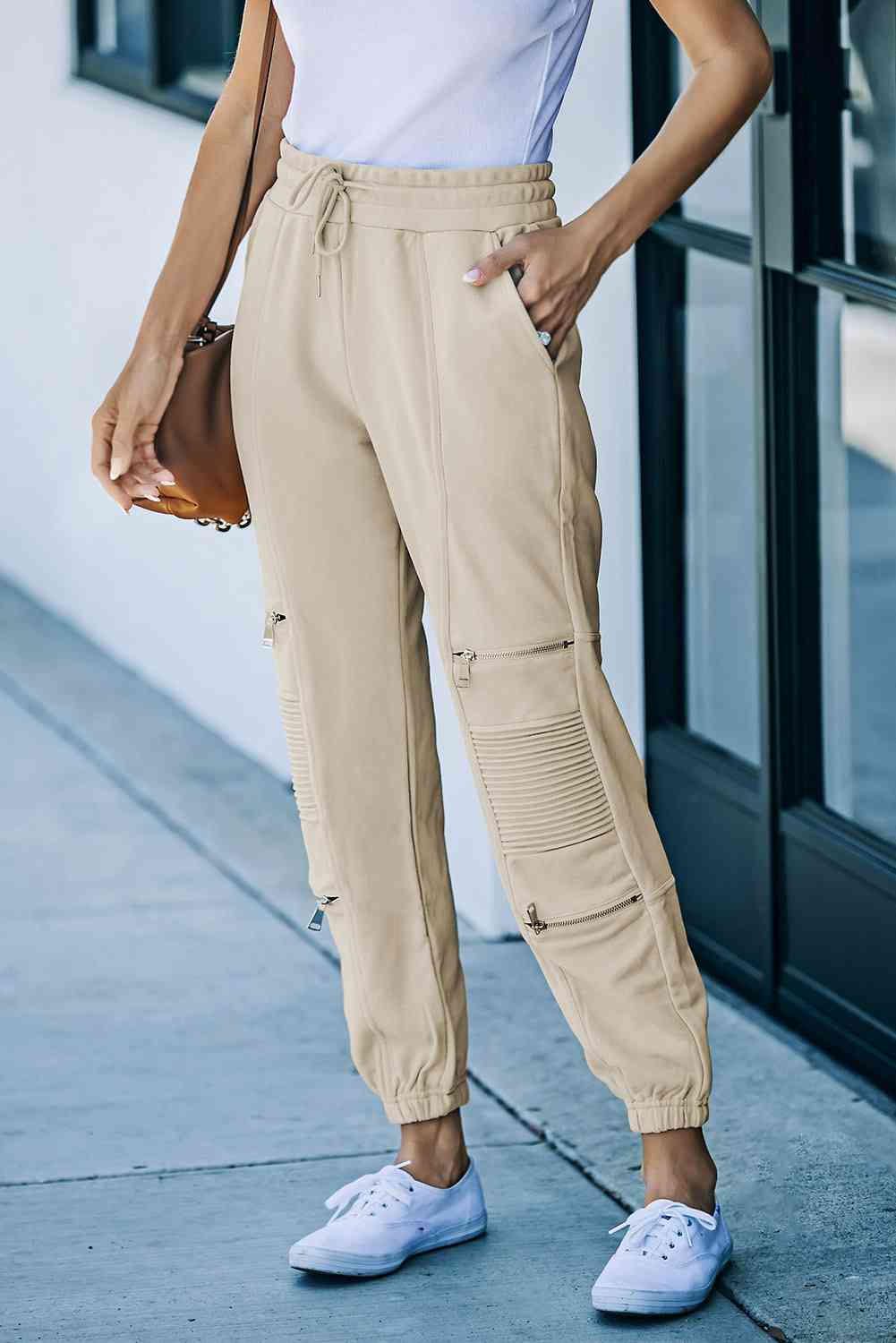 Drawstring Waist Zip Detail Joggers with Pockets