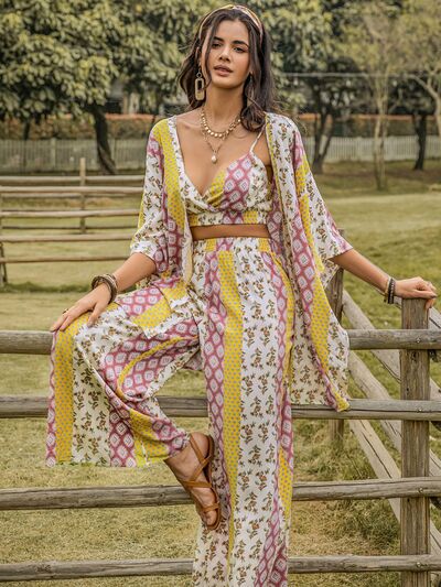 Printed Cami,Open Front Cover Up and Wide Leg Pants Set