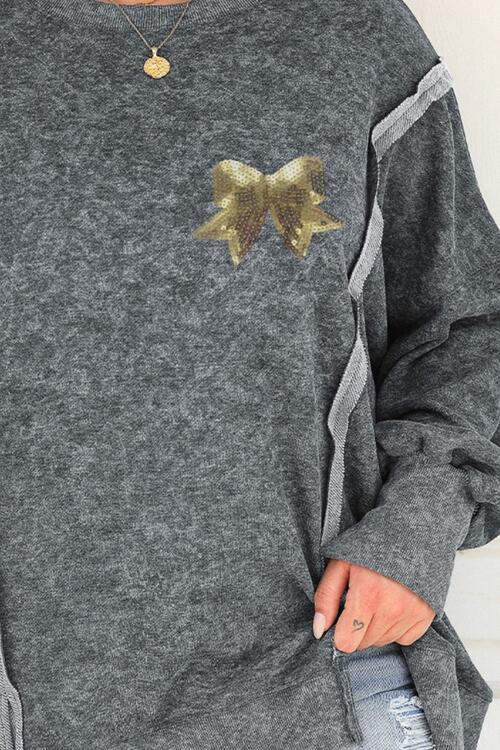 Plus Size Sequin Bow Exposed Seam Slit Sweatshirt