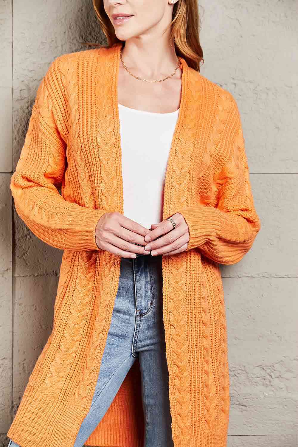 Double Take Cable-Knit Open Front Sweater Cardigan