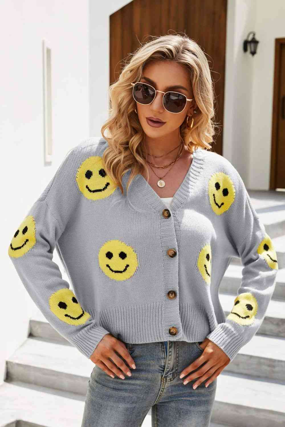 Smiley Face Ribbed Trim V-Neck Cardigan