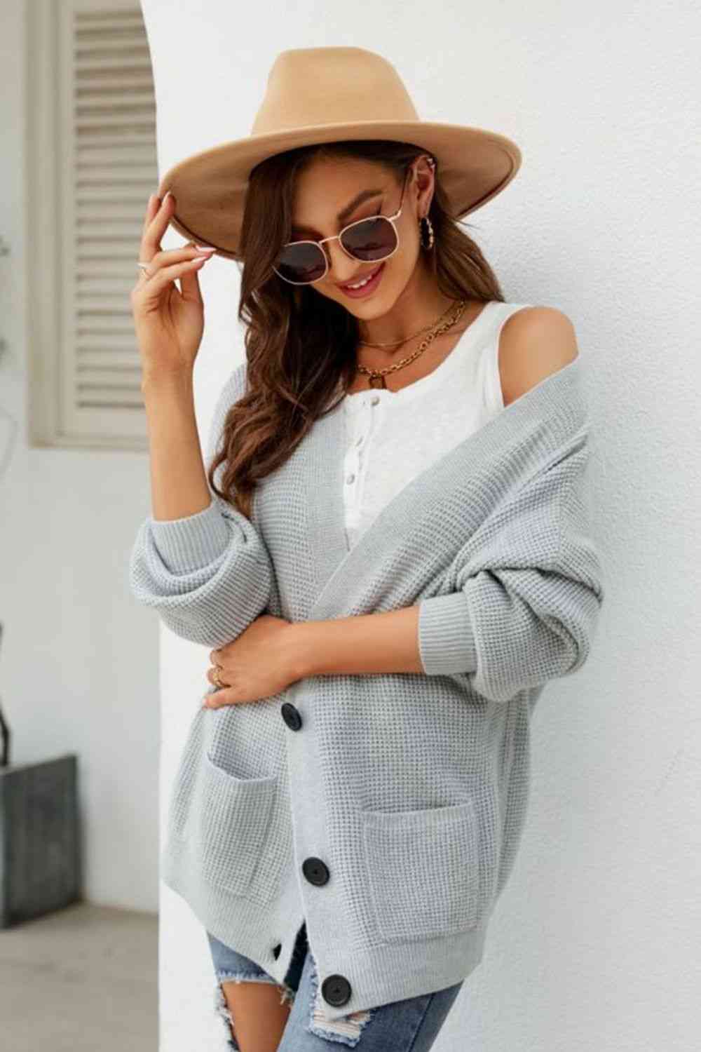 Waffle-Knit Dropped Shoulder Cardigan