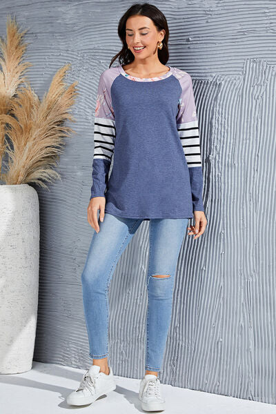 Striped Round Neck Raglan Sleeve T-Shirt