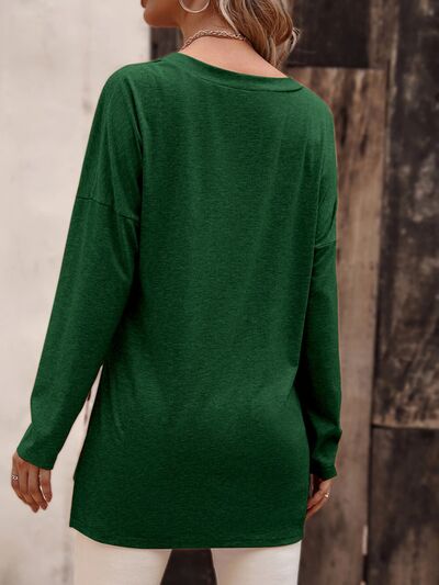 V-Neck Slit Long Sleeve T-Shirt