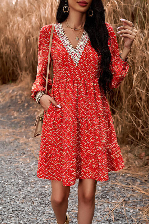 Lace Trim V-Neck Long Sleeve Dress