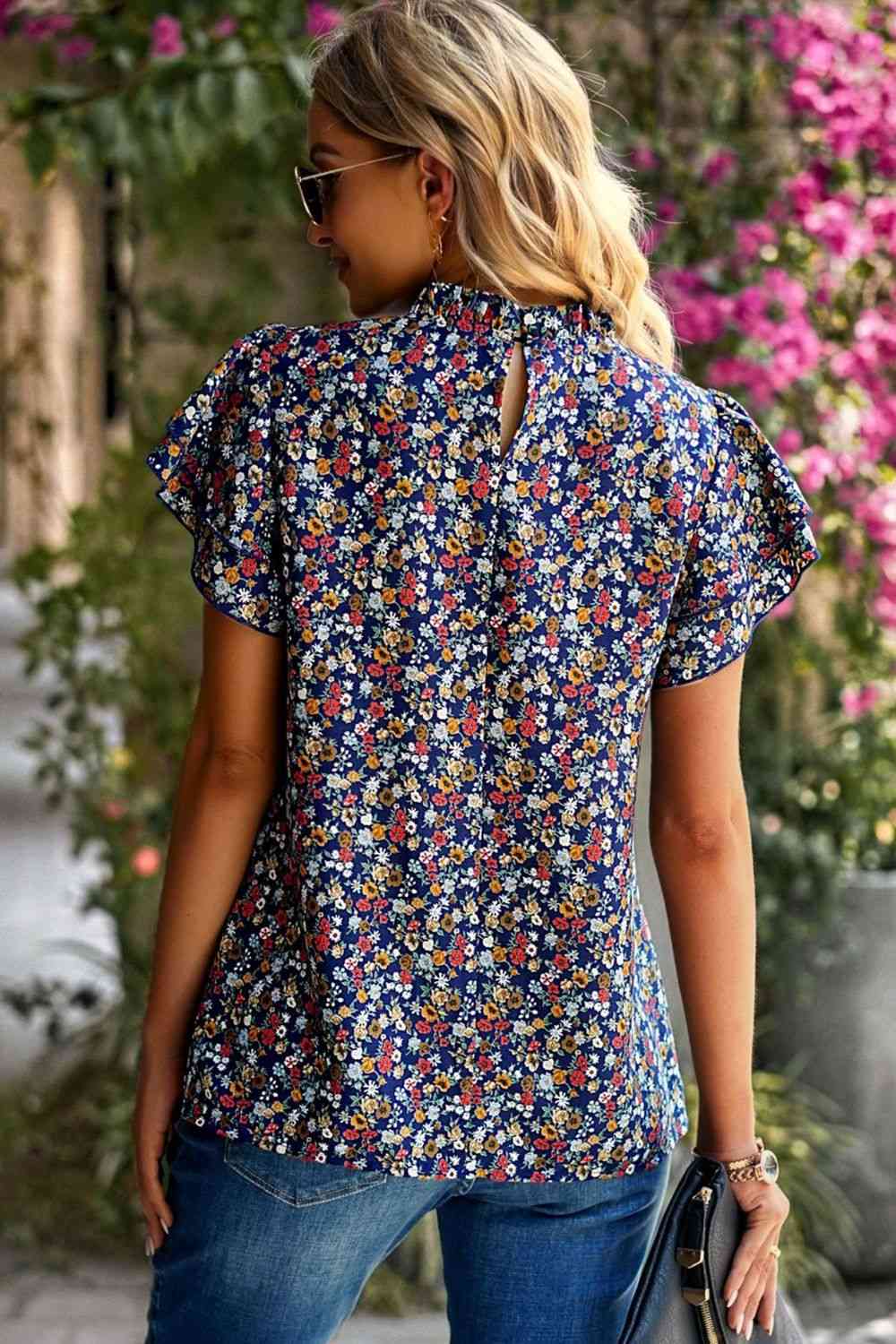 Floral Round Neck Flutter Sleeve Blouse