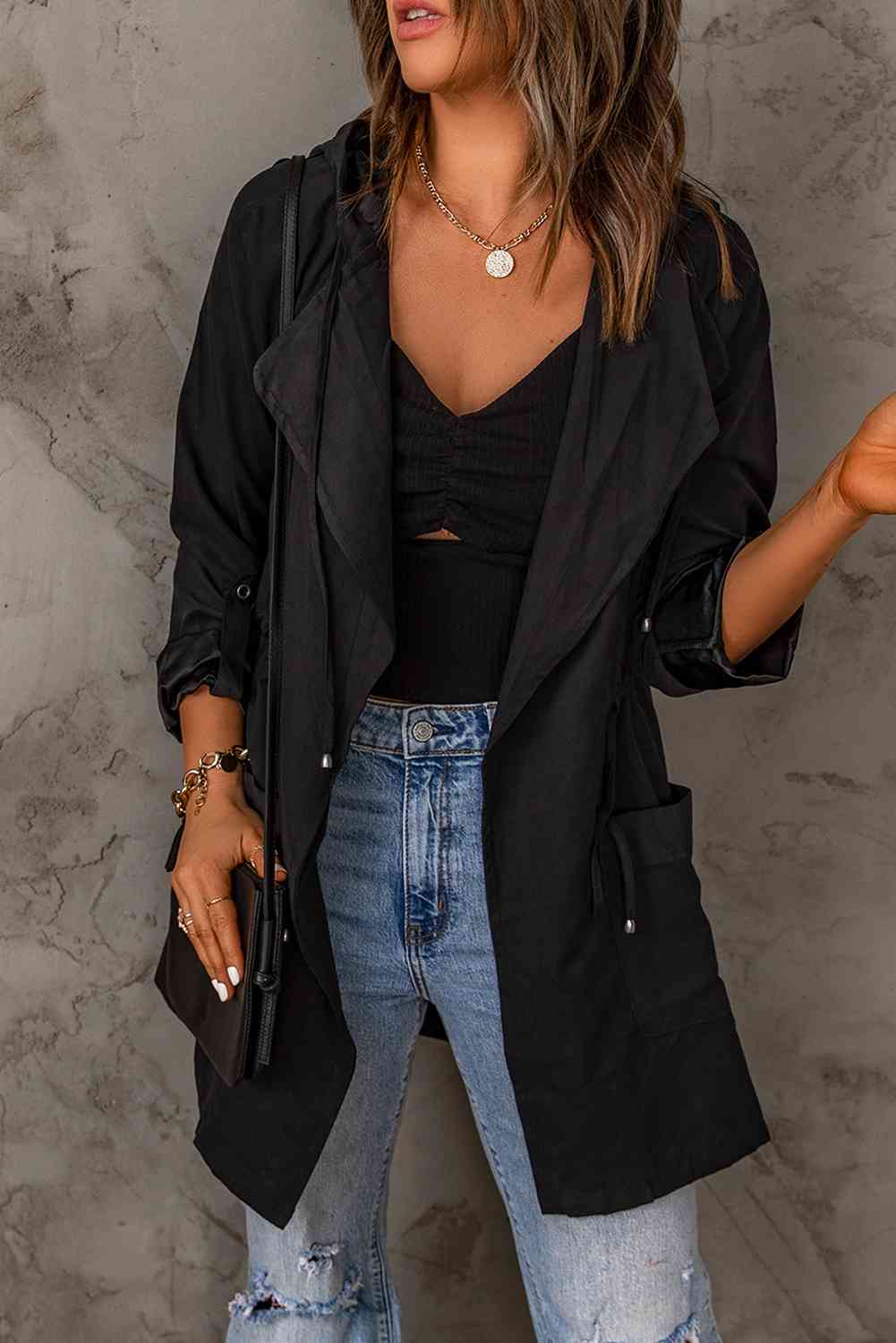 Double Take Drawstring Hooded Longline Jacket