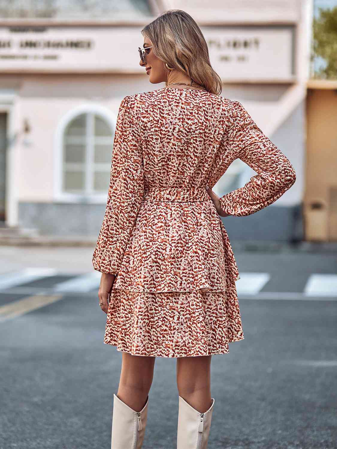 Long Sleeve Tie Waist Layered Dress