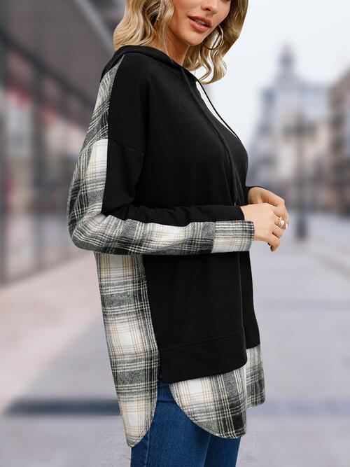 Plaid Drawstring Long Sleeve Slit Hoodie