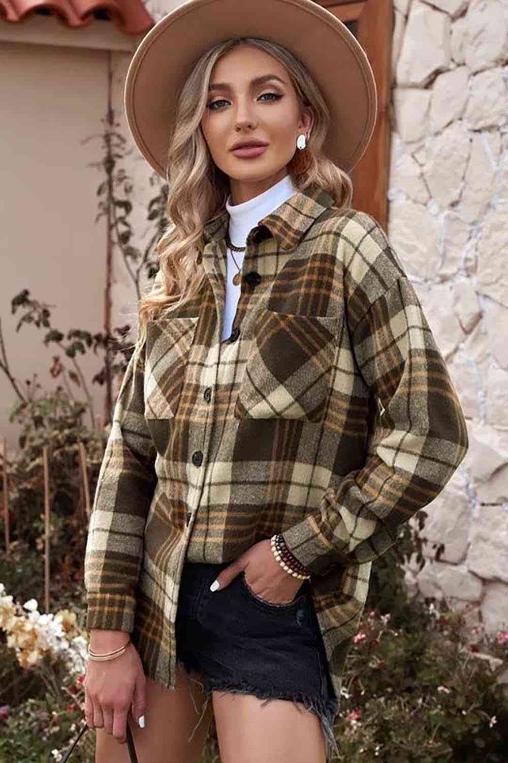 Plaid Collared Neck Button Up Jacket with Pockets