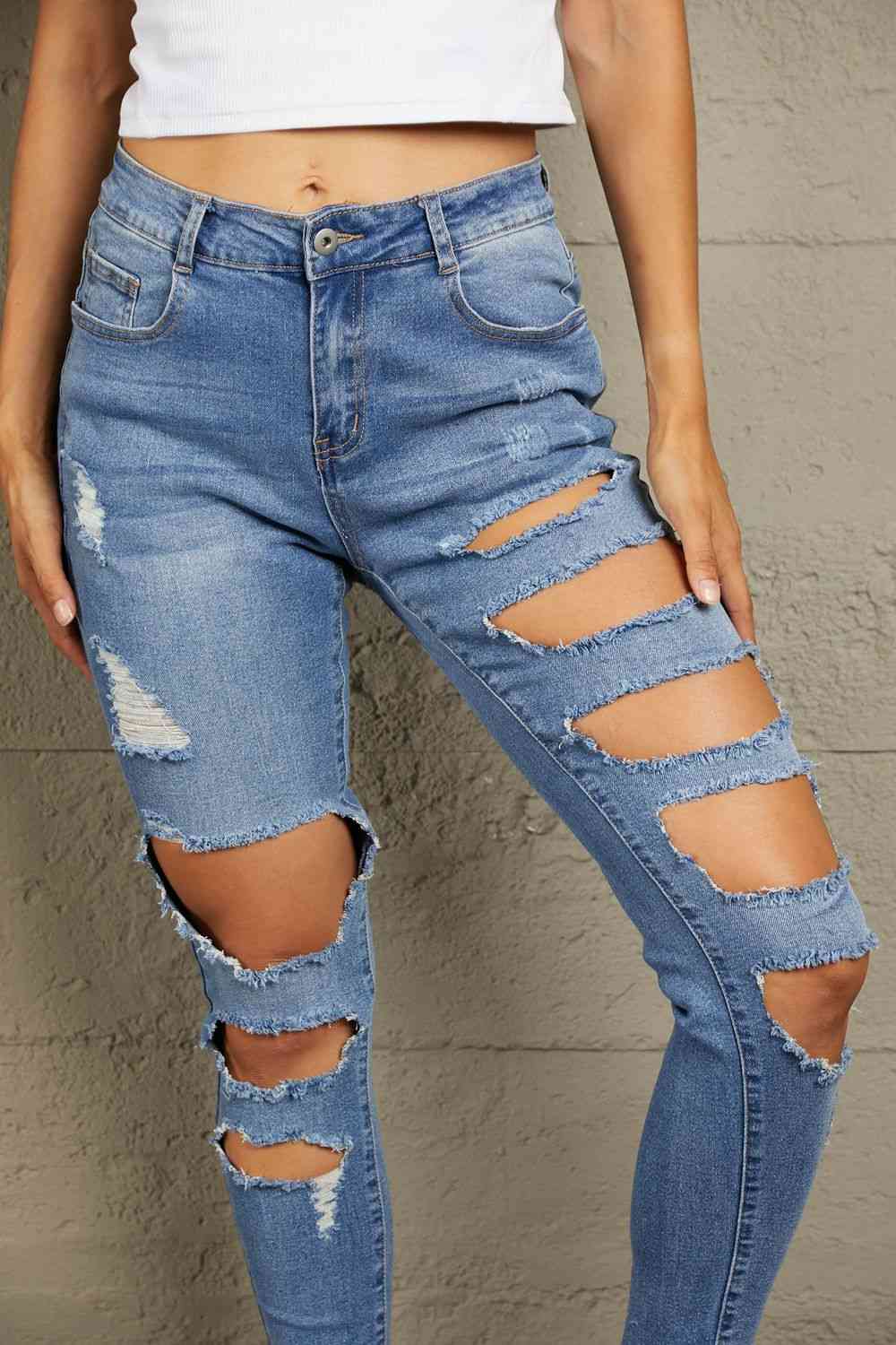 Baeful Distressed Raw Hem Skinny Jeans