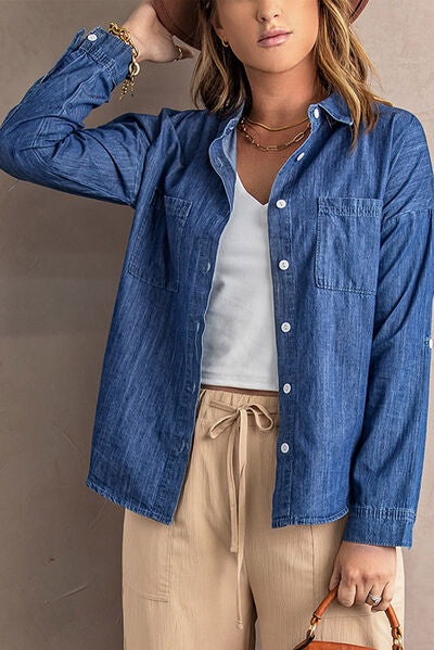 Pocketed Button Up Collared Neck Denim Top