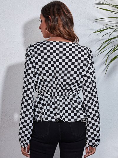 Checkered V-Neck Balloon Sleeve Peplum Blouse