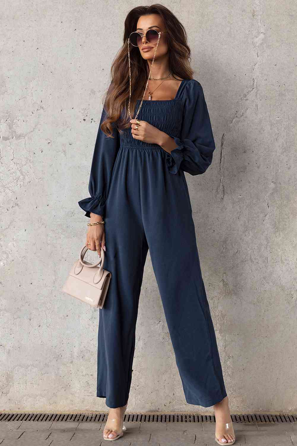 Smocked Long Flounce Sleeve Square Neck Jumpsuit