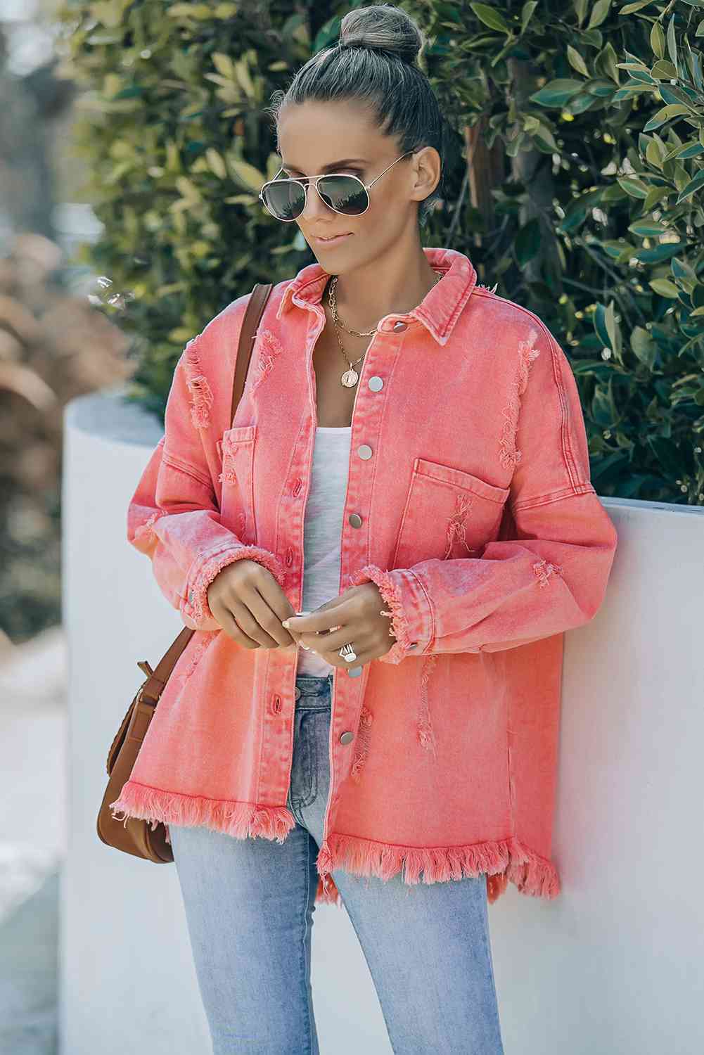 Double Take Distressed Fringe Trim Button Up Jacket