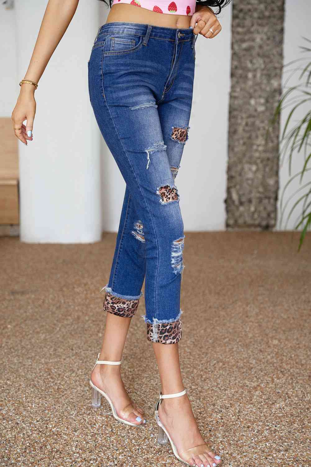 Baeful Leopard Patch Distressed Cropped Jeans