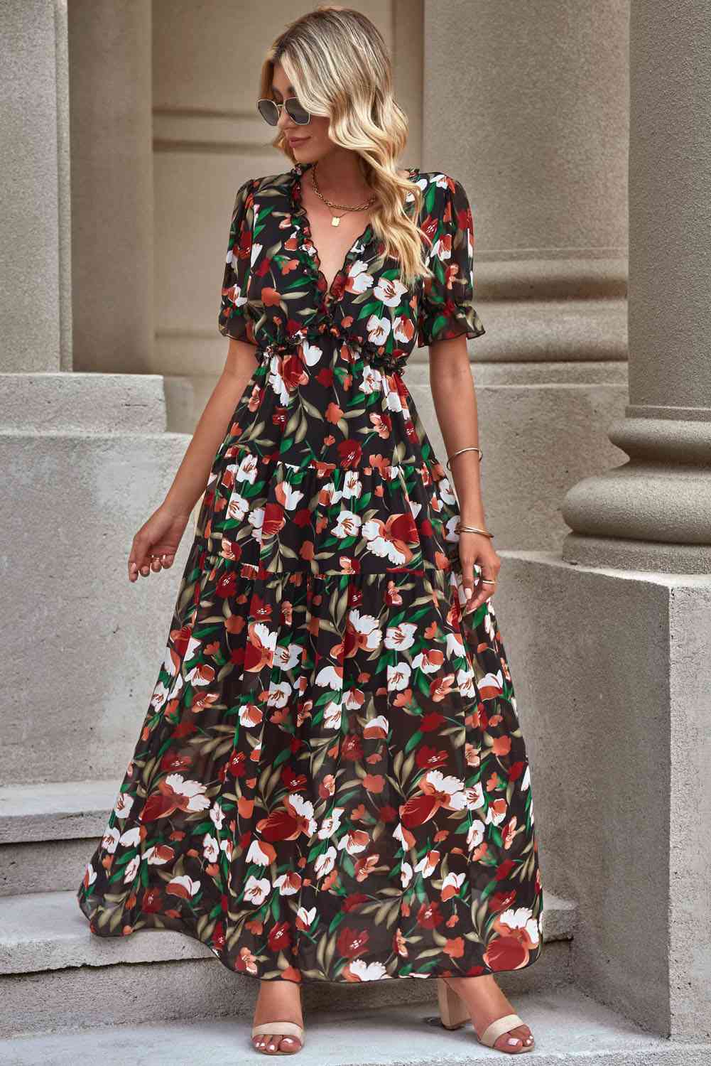 Floral V-Neck Short Flounce Sleeve Dress