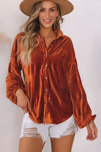 Button Up Collared Neck Drop Shoulder  Velvet Shirt