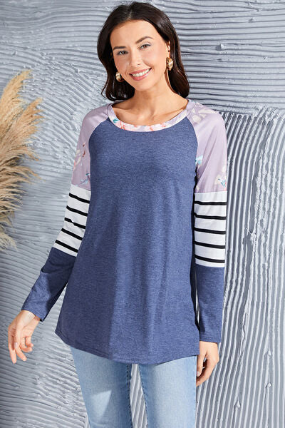 Striped Round Neck Raglan Sleeve T-Shirt