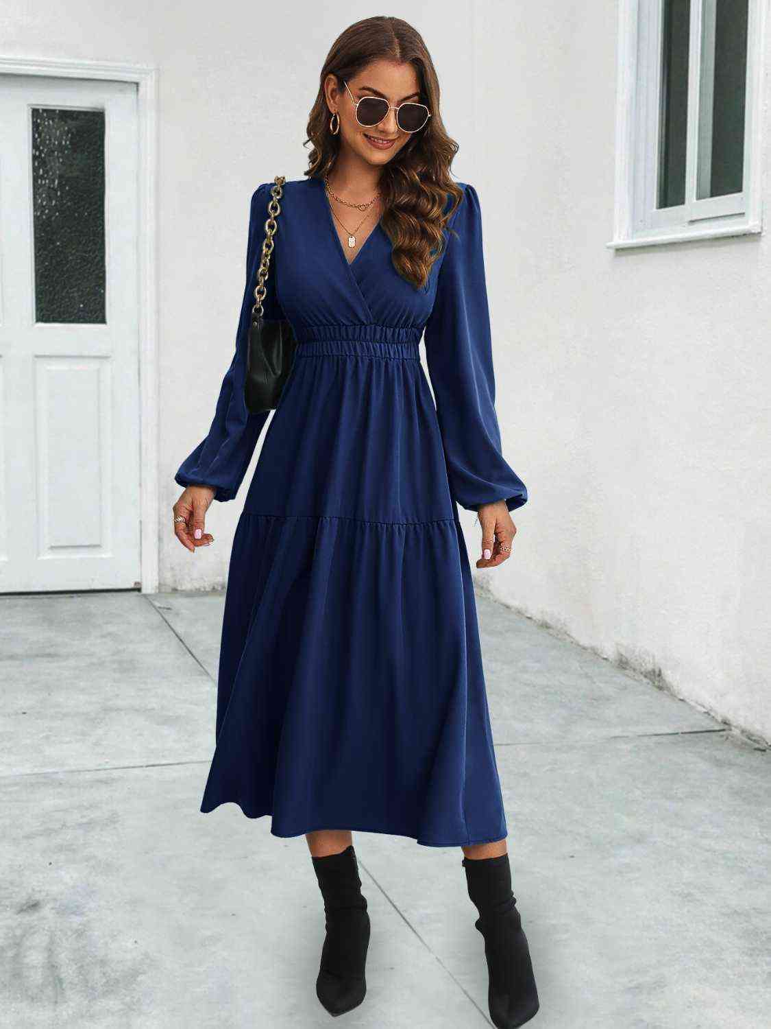 Surplice Neck Long Sleeve Midi Dress