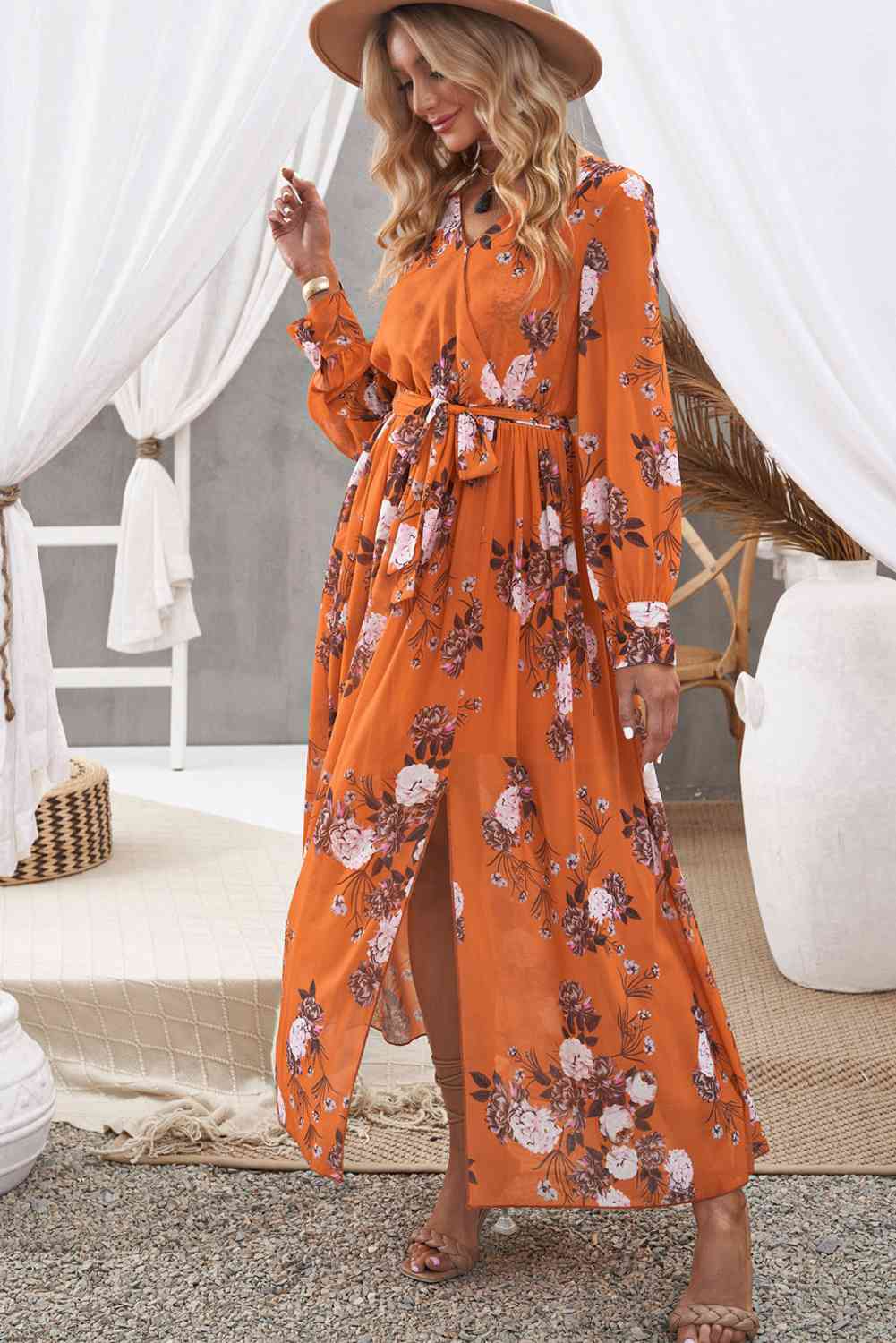 Floral Tie Waist Slit Maxi Dress