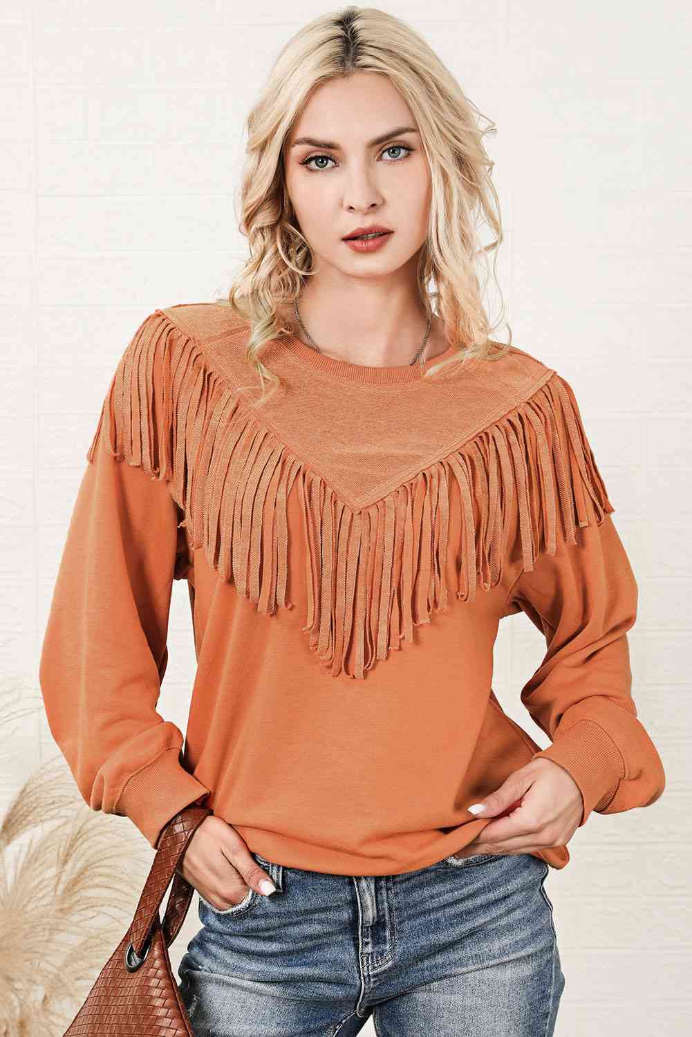 Fringe Trim Round Neck Sweatshirt