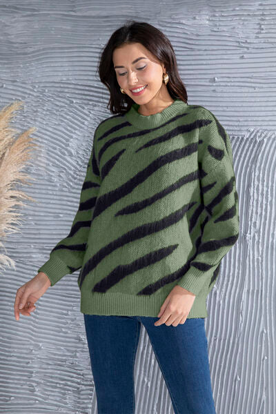 Animal Element Round Neck Dropped Shoulder Sweater