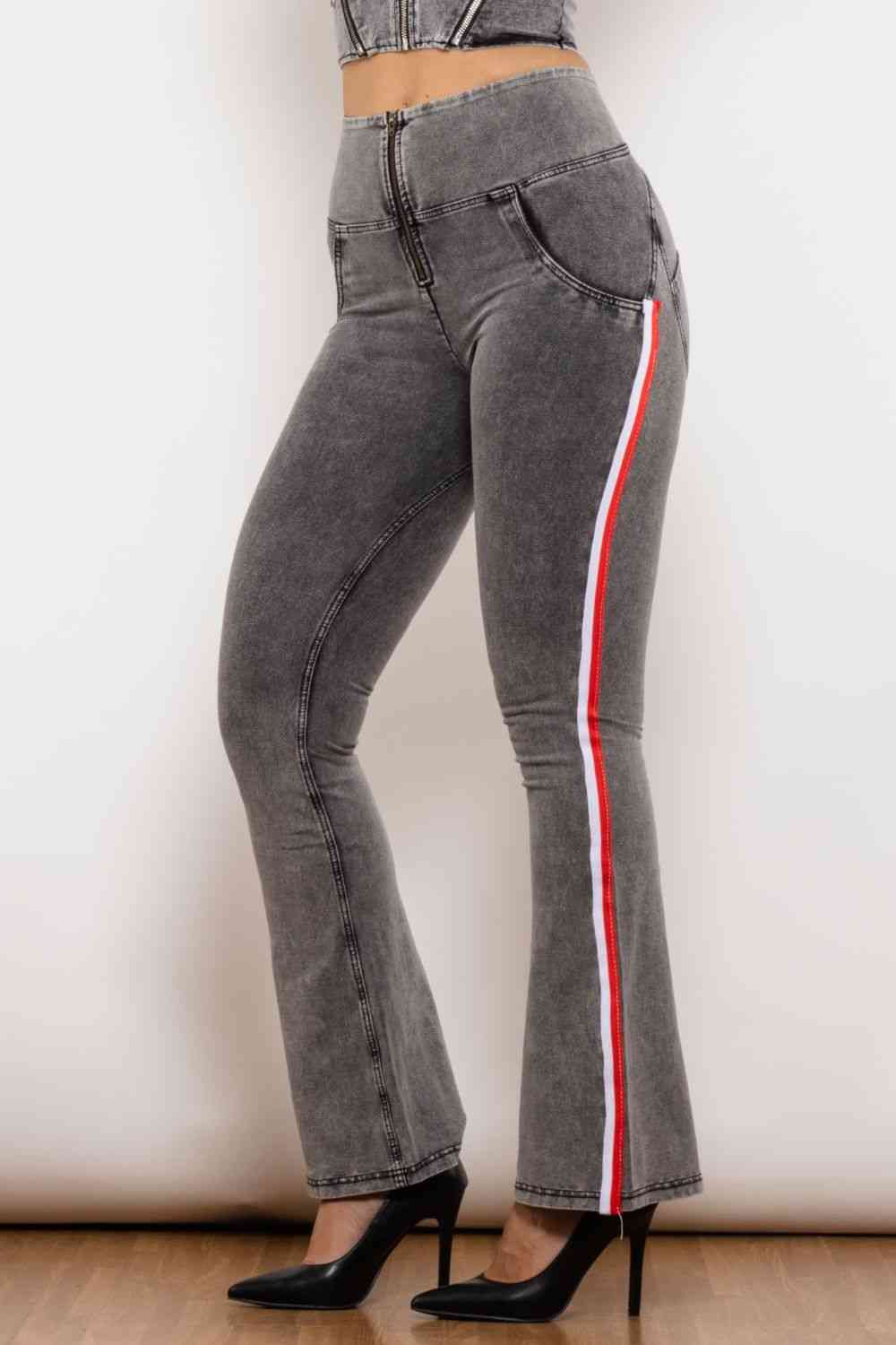 Side Stripe High Waist Zip Closure Jeans