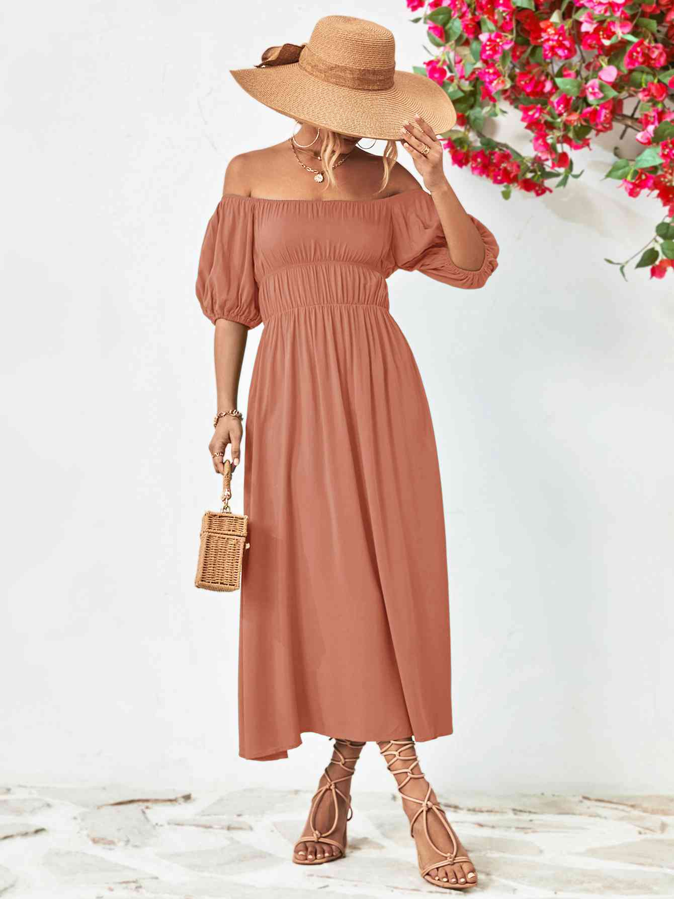 Off-Shoulder Balloon Sleeve Midi Dress