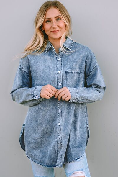 Button Up Dropped Shoulder Denim Top