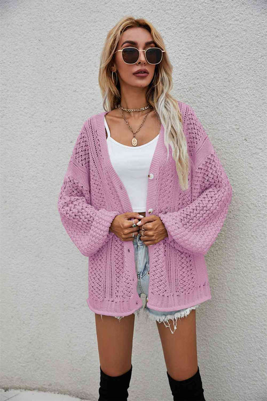 Openwork V-Neck Dropped Shoulder Cardigan