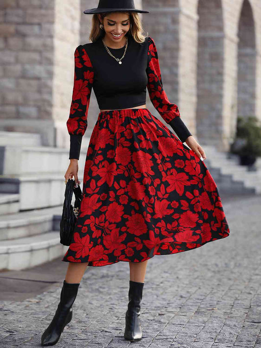 Round Neck Lantern Sleeve Floral Print Top and Skirt Set