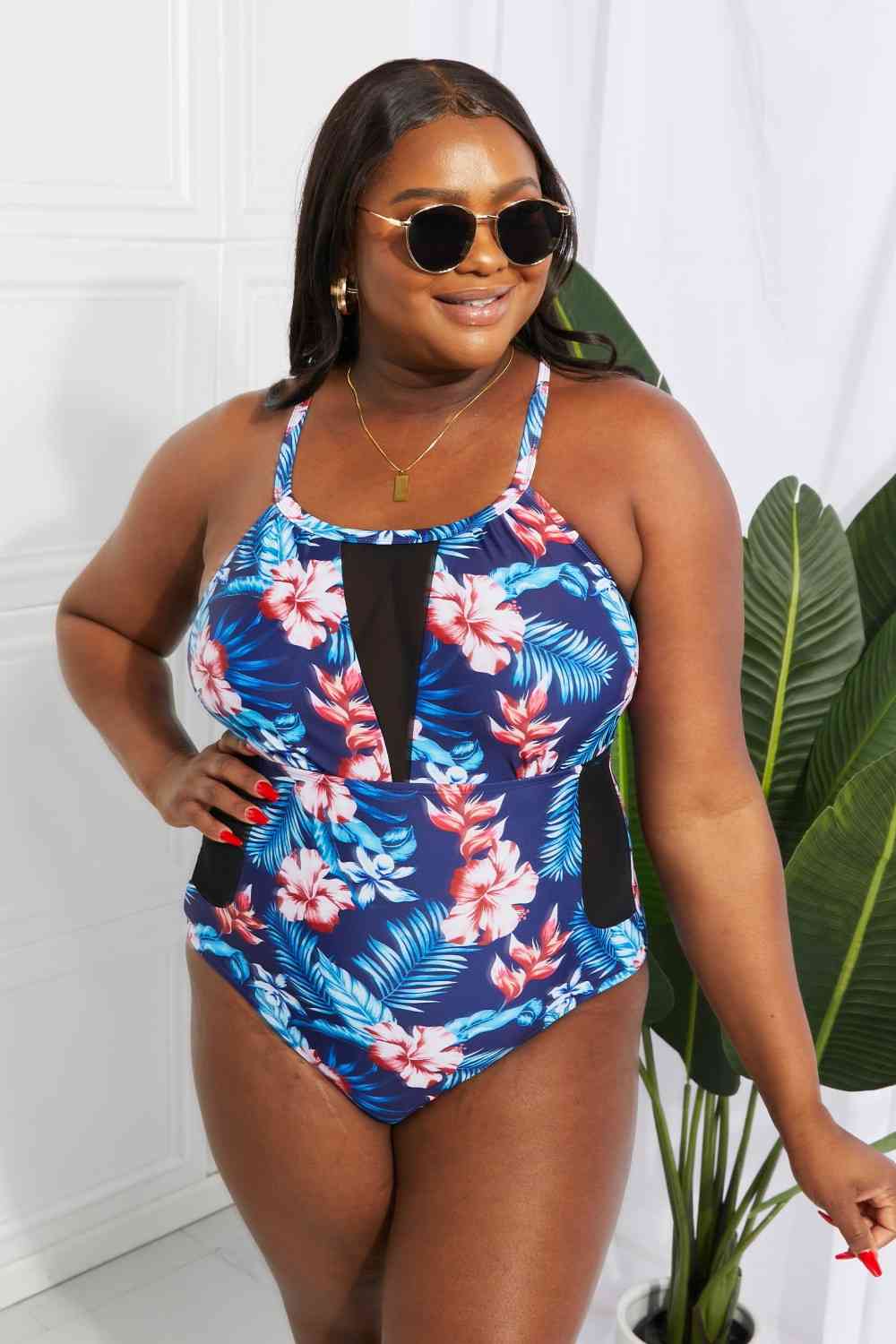 Floral Crisscross Spliced Mesh One-Piece Swimsuit